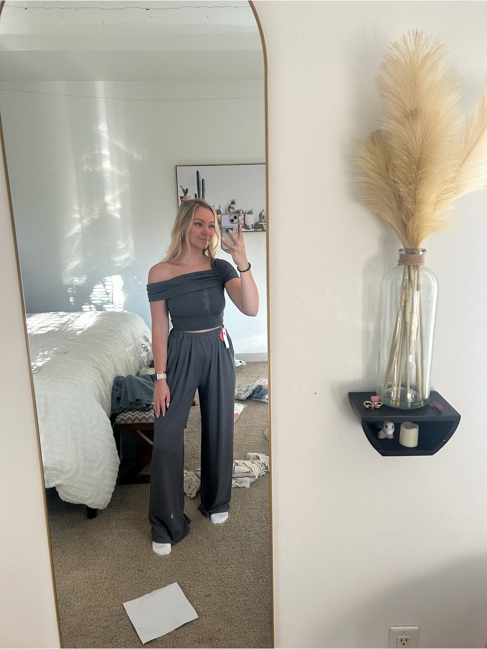 Off-Shoulder Wide-Leg Jumpsuit in Charcoal Gray